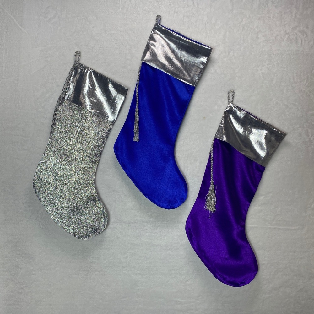 Christmas‎ Stockings Set of 3 Silver Blue Purple Holiday Decoration